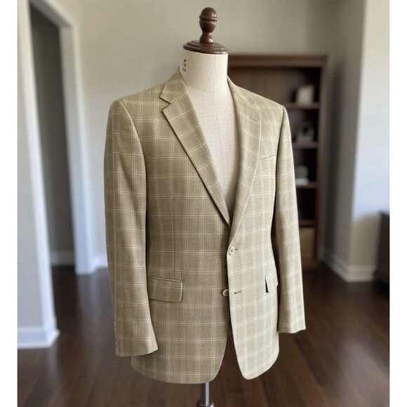Hart Schaffner Marx Blazer Mens 42R Tan Plaid Wool Sport Coat Jacket Lord & Tay - Picture 1 of 12